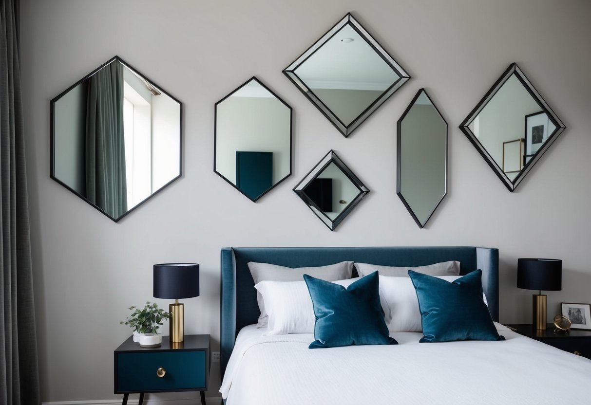 A bedroom with a wall adorned with geometric mirrors in various shapes and sizes, creating a modern and stylish atmosphere