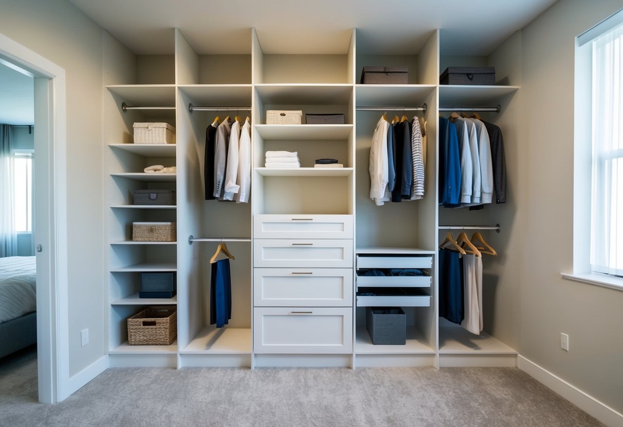 A spacious apartment bedroom with a custom closet organizer, neatly arranged with shelves, drawers, and hanging rods for optimal storage and organization