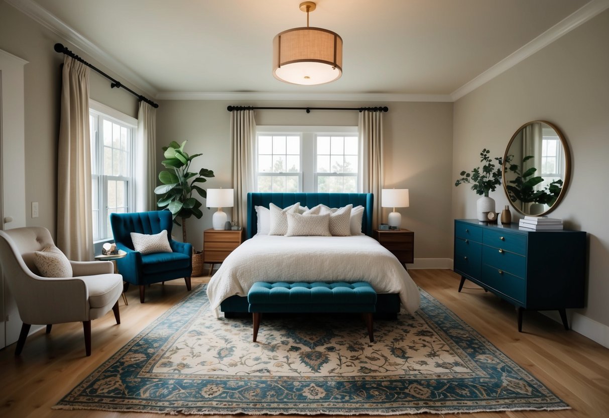 A cozy bedroom with a hand-knotted wool rug as the centerpiece, surrounded by stylish furniture and decor