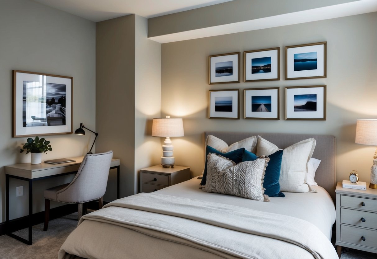 A cozy bedroom with a neutral color palette, soft bedding, and decorative pillows. A small desk with a chair, a bedside table with a lamp, and a gallery wall of artwork