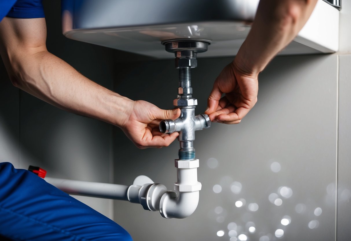 A plumber fixing a leaky pipe under a sink