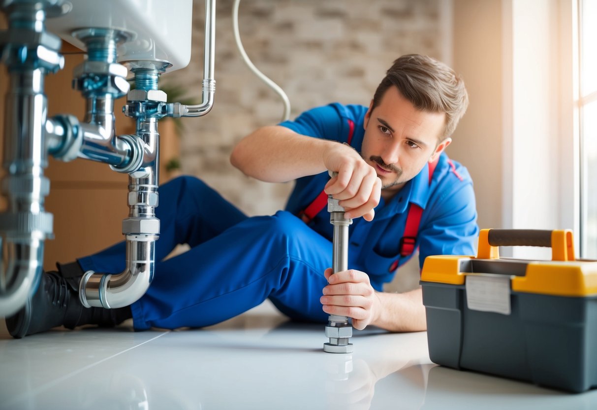 A plumber examining pipes and fixtures with a toolbox nearby