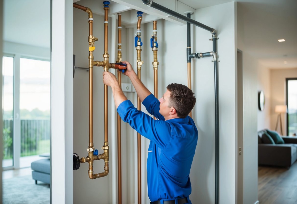 A plumber installing new pipes and fixtures in a modern home, ensuring safety and efficiency