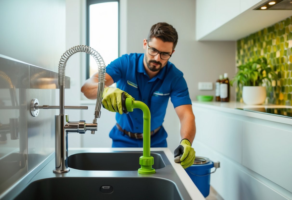 A plumber installing eco-friendly plumbing fixtures in a modern, environmentally-conscious home