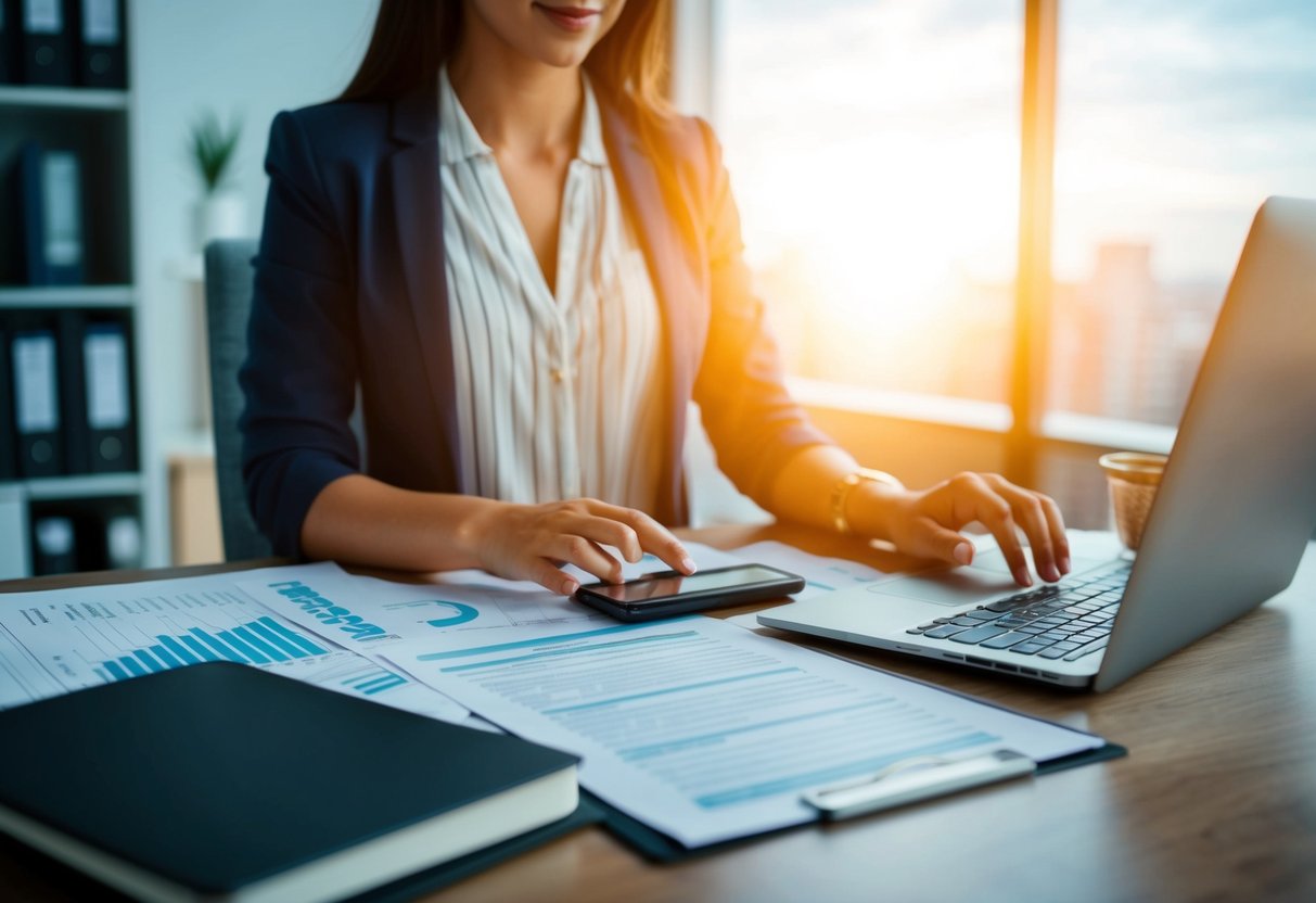 A person researching Amazon FBA, surrounded by financial documents and a laptop