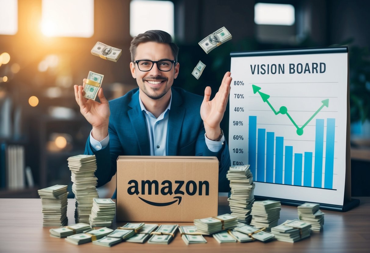 An Amazon seller surrounded by stacks of money, a growth chart showing steady increase, and a vision board with images of luxury items and financial goals