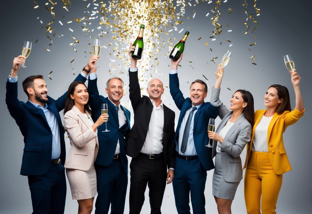 A group of Amazon entrepreneurs celebrating with champagne and confetti as they hit the million-dollar mark in sales