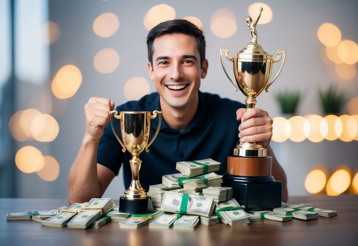 An Amazon seller celebrating with a pile of money and a trophy