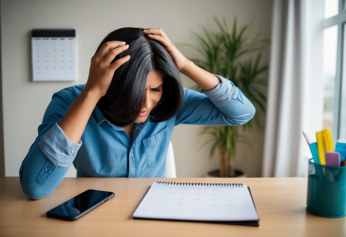 Une personne posant une perruque sur une table à côté d'un téléphone et d'un calendrier, se grattant la tête de frustration.