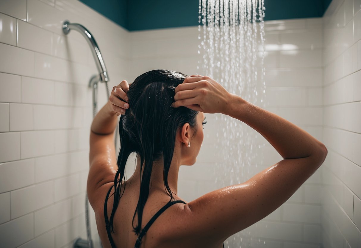 Une femme se tient sous une douche, levant les bras pour retirer des extensions de cheveux adhésives. L'eau cascade le long de son dos alors qu'elle ajuste les extensions.