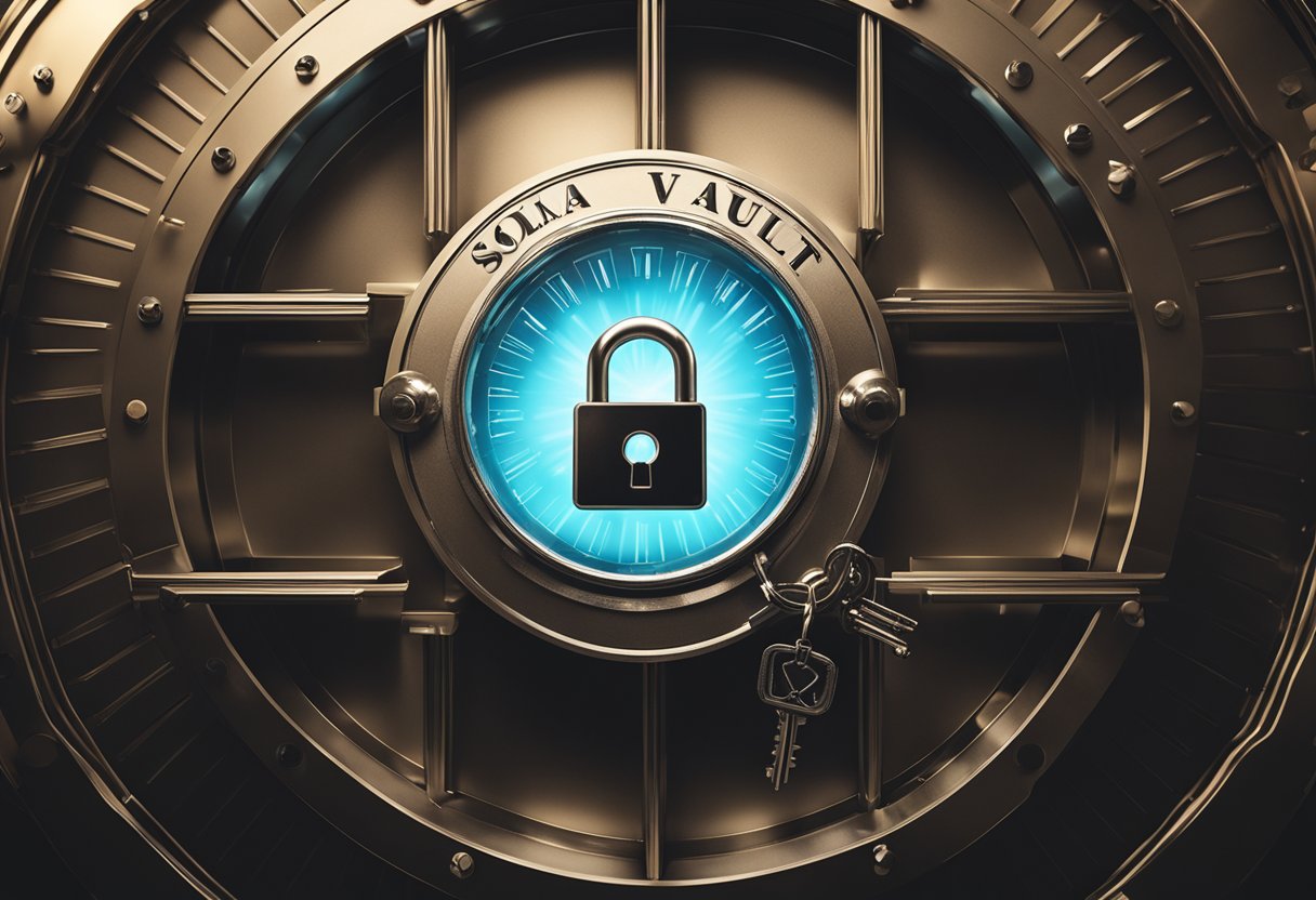 A secure vault with Solana logo, surrounded by a shield and lock, with a glowing key hovering above