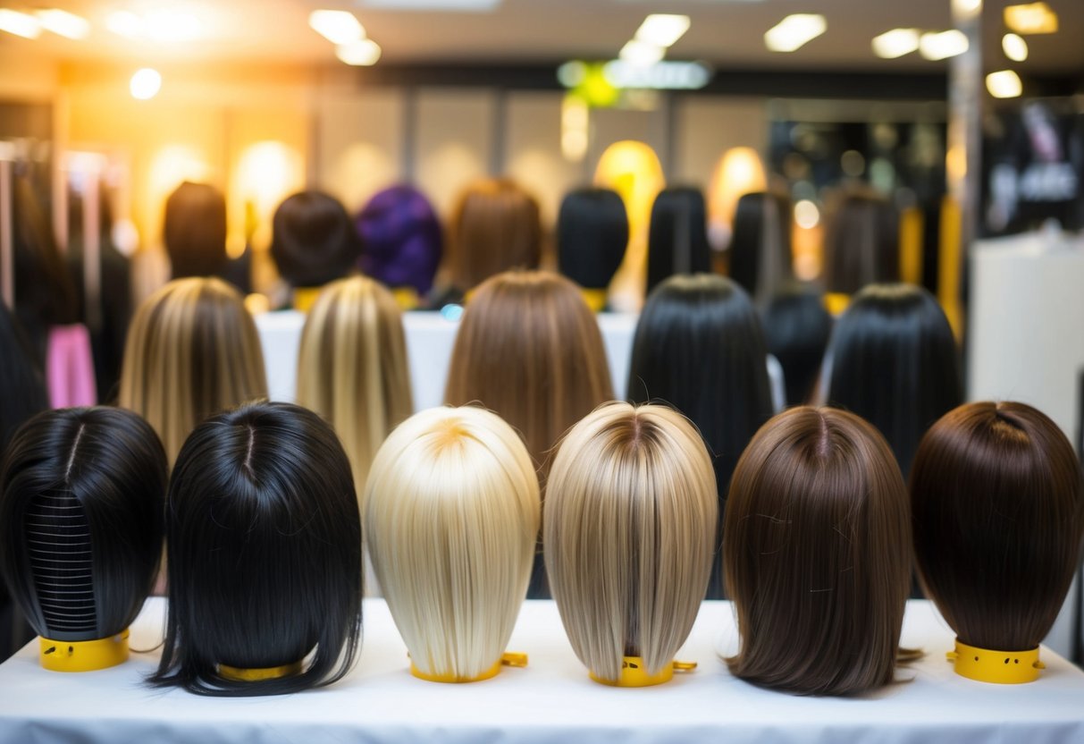 A table displaying various hair toppers and wigs, with different colors, lengths, and styles, arranged neatly for comparison