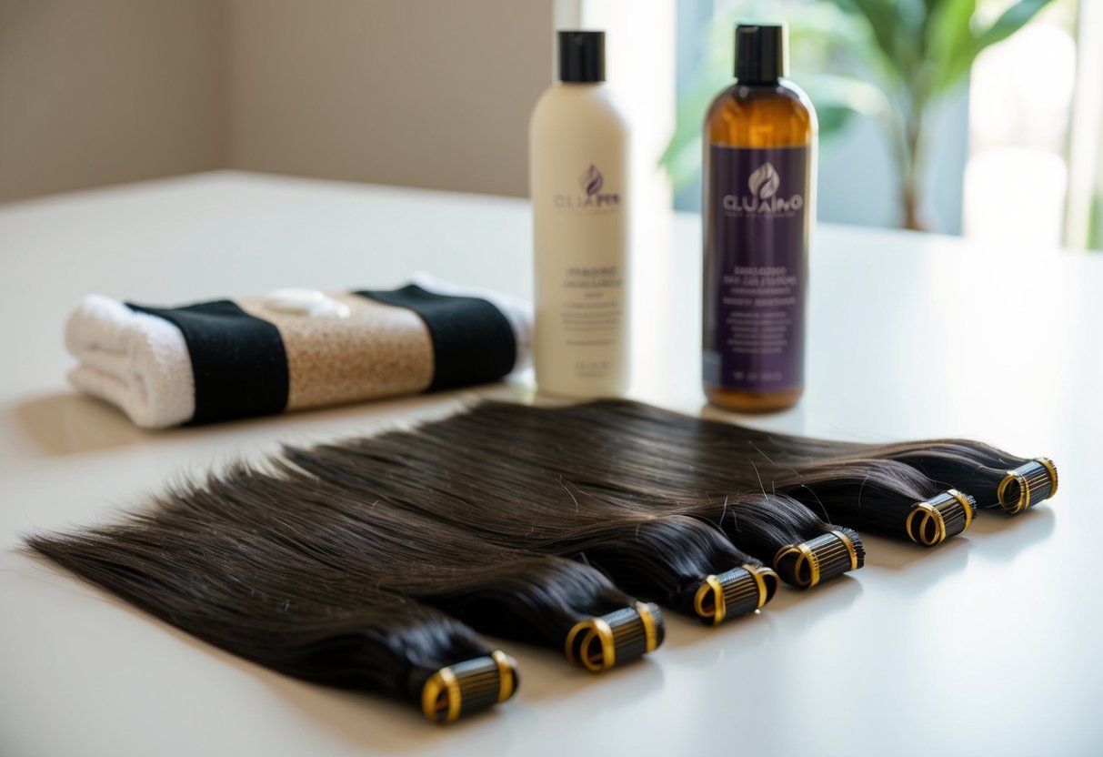 A set of hair extensions laid out on a clean, flat surface, with a bottle of shampoo and conditioner nearby