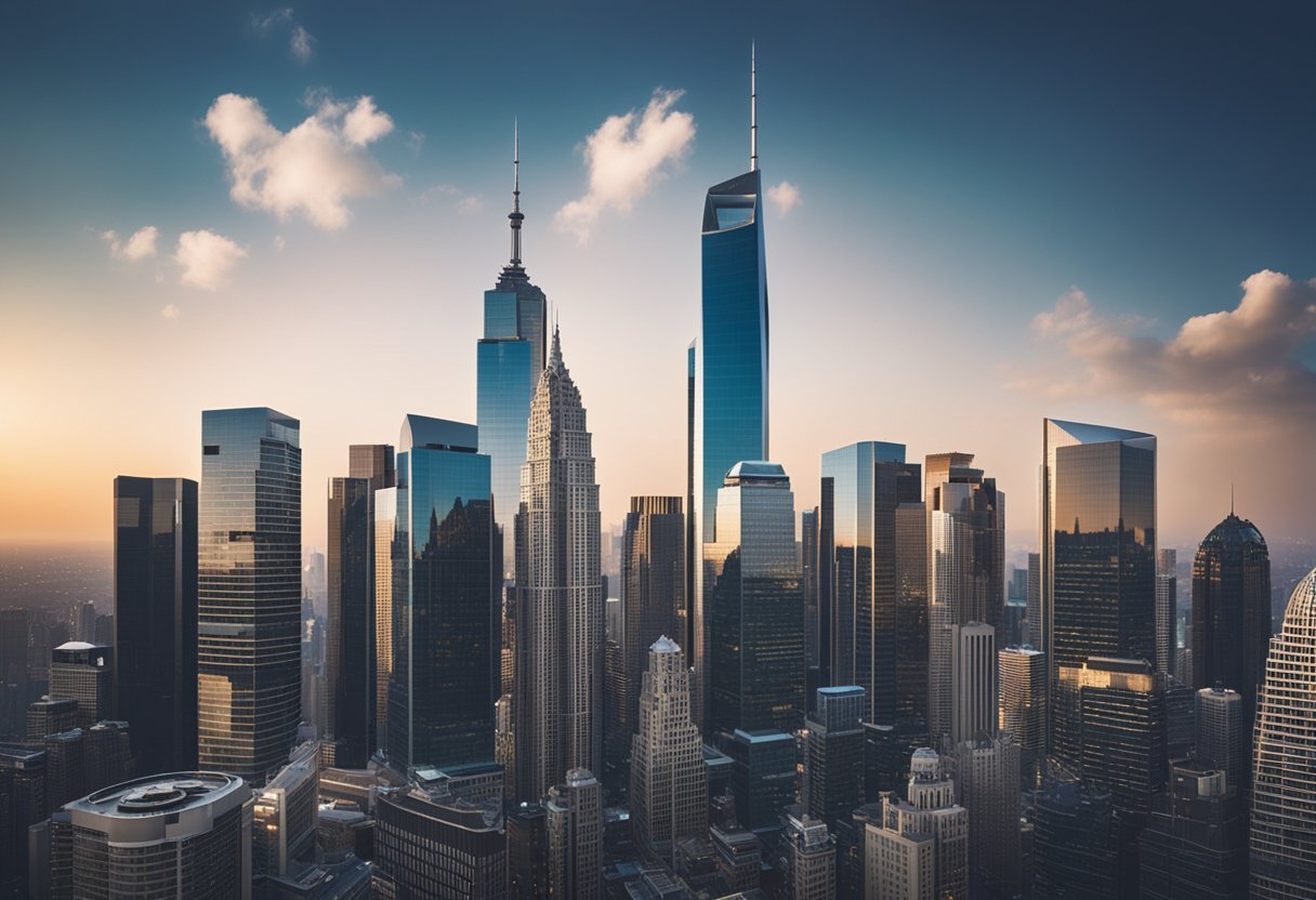 A bustling city skyline with a prominent financial district, featuring sleek skyscrapers and digital screens displaying financial data