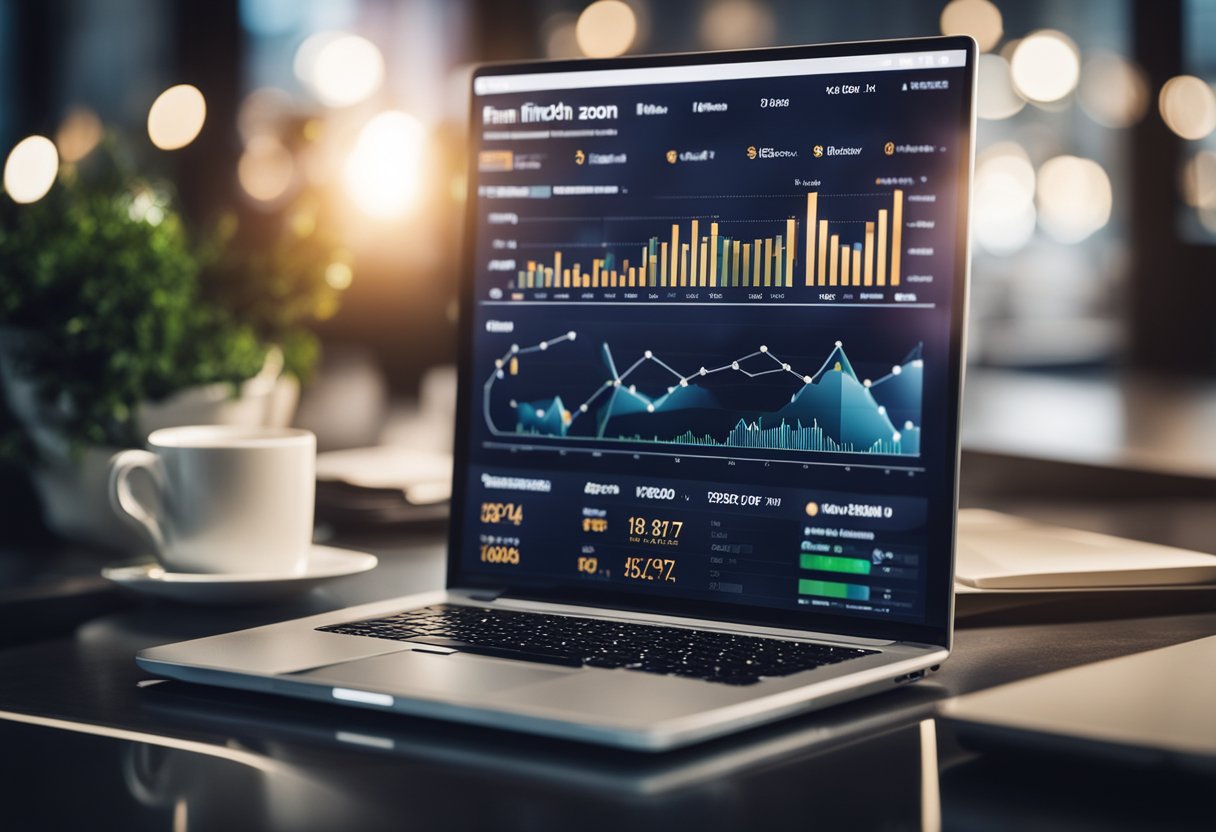 A laptop displaying the Fintech Zoom website with various financial charts and graphs on the screen