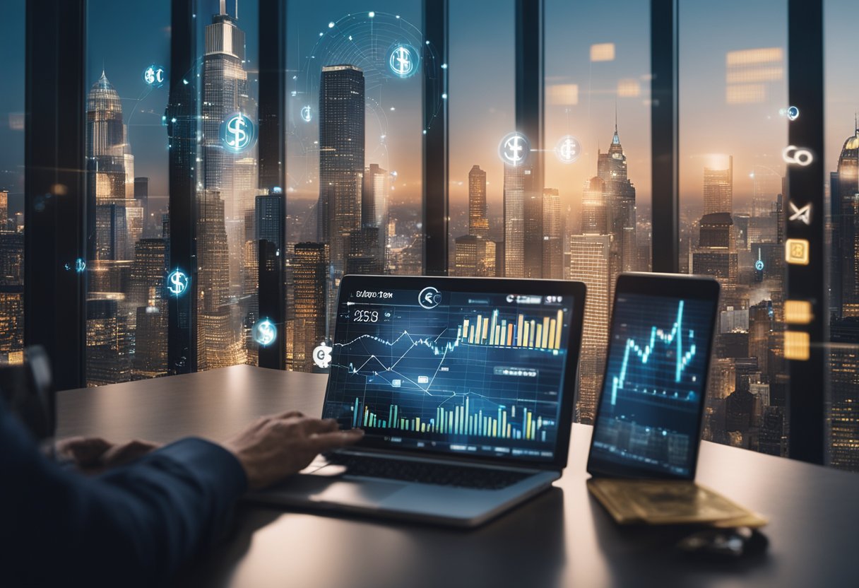 A bustling city skyline with digital currency symbols and financial charts overlaying the buildings, while people use mobile devices and laptops to access Fintech Zoom