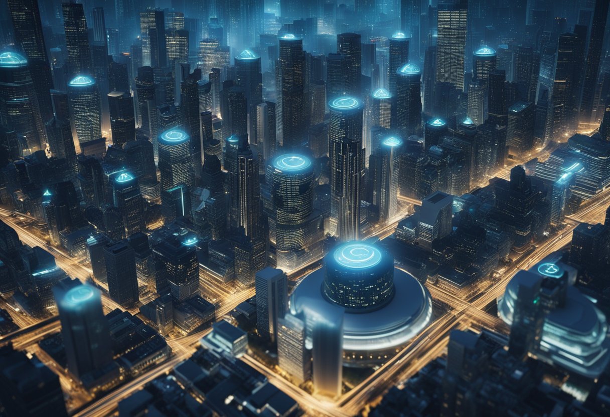 A bustling city skyline with futuristic financial buildings, interconnected by glowing data streams and digital currency symbols