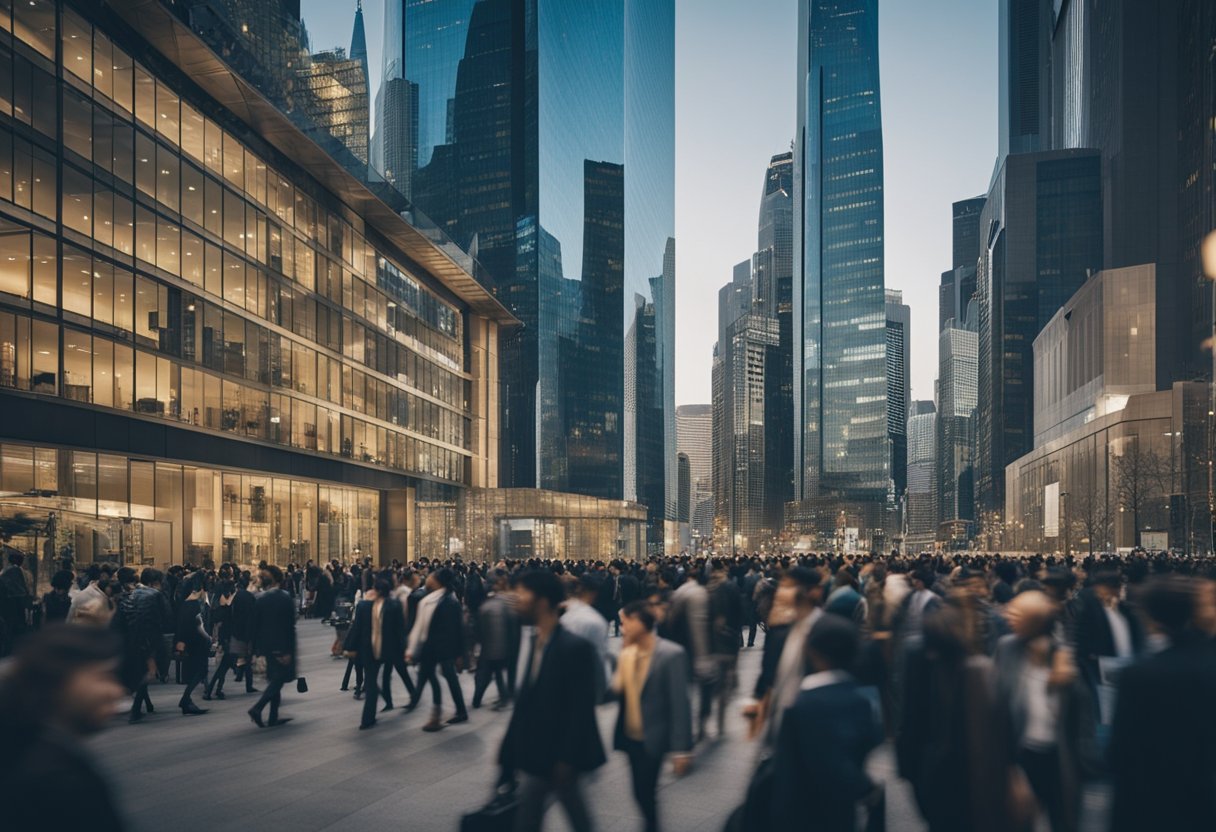 A bustling city street with skyscrapers, financial institutions, and people conducting digital transactions on their mobile devices