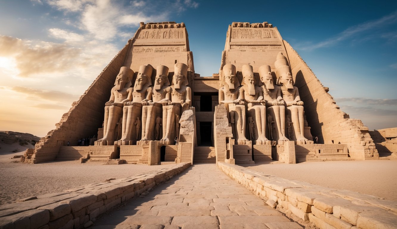 The Valley of the Kings features towering ancient Egyptian architecture with intricate carvings and grand entrances