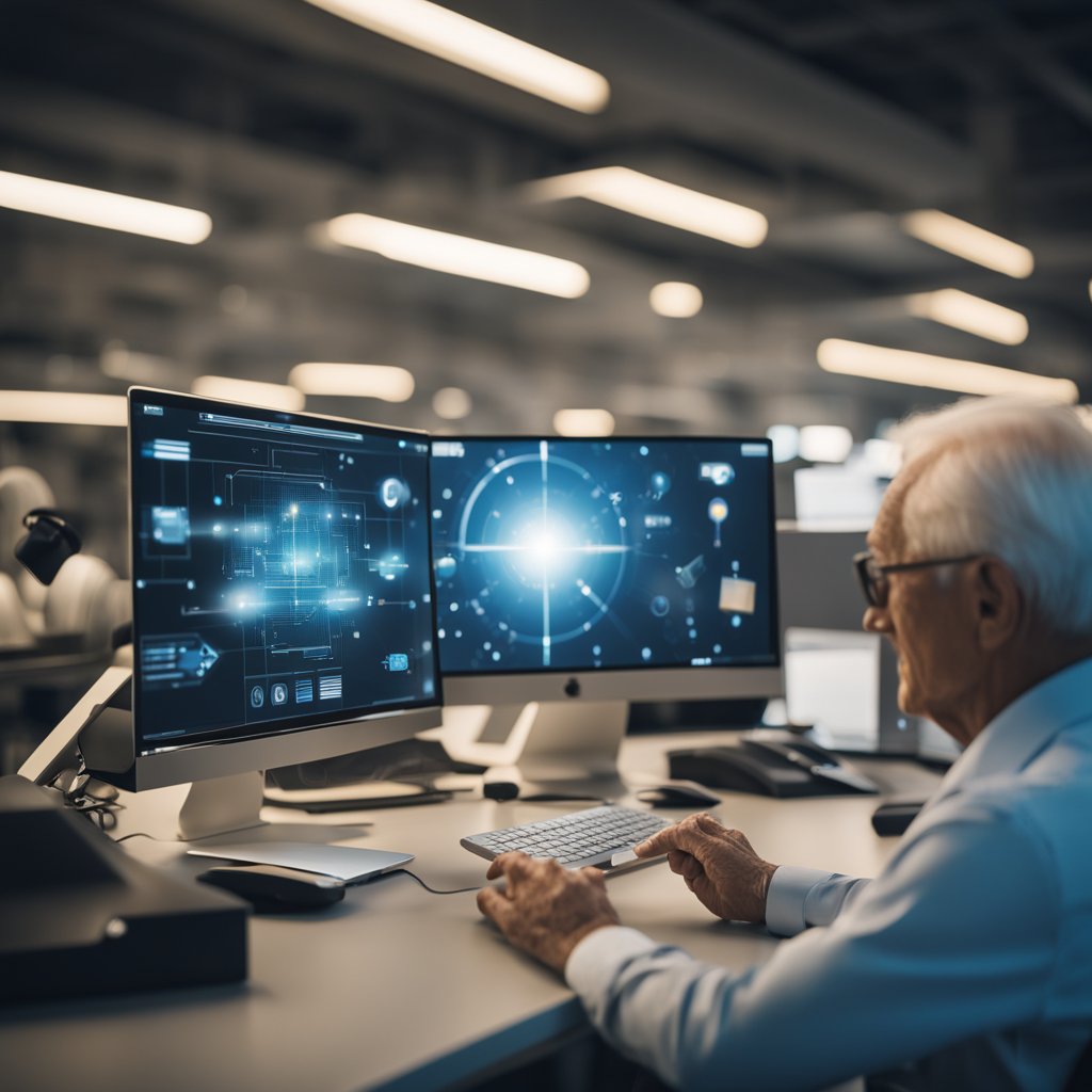 Isso Ninguém te conta: Inovadores idosos trabalhando com tecnologia em um ambiente moderno e futurista