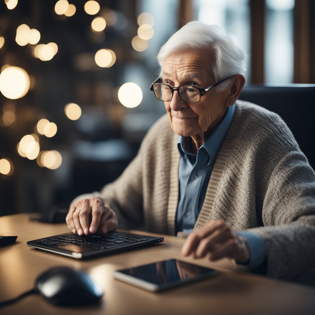 Isso Ninguém te conta:Uma pessoa idosa usando tecnologia avançada para criar soluções inovadoras para o futuro