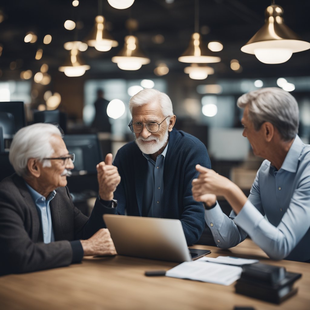 Inovadores idosos colaborando em tecnologia e empreendedorismo, redefinindo o futuro com criatividade e determinação