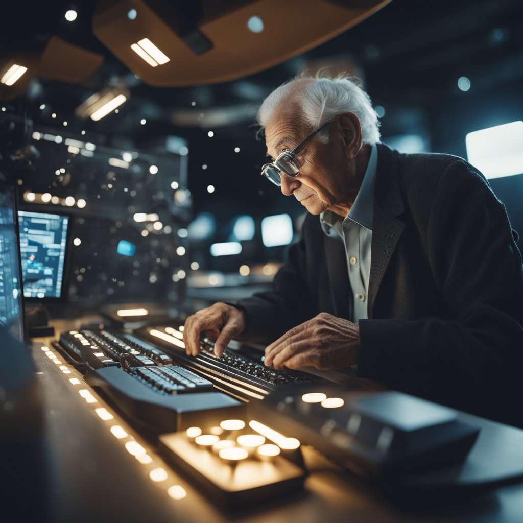 Uma pessoa idosa trabalhando em uma invenção futurista em um ambiente moderno e inovador