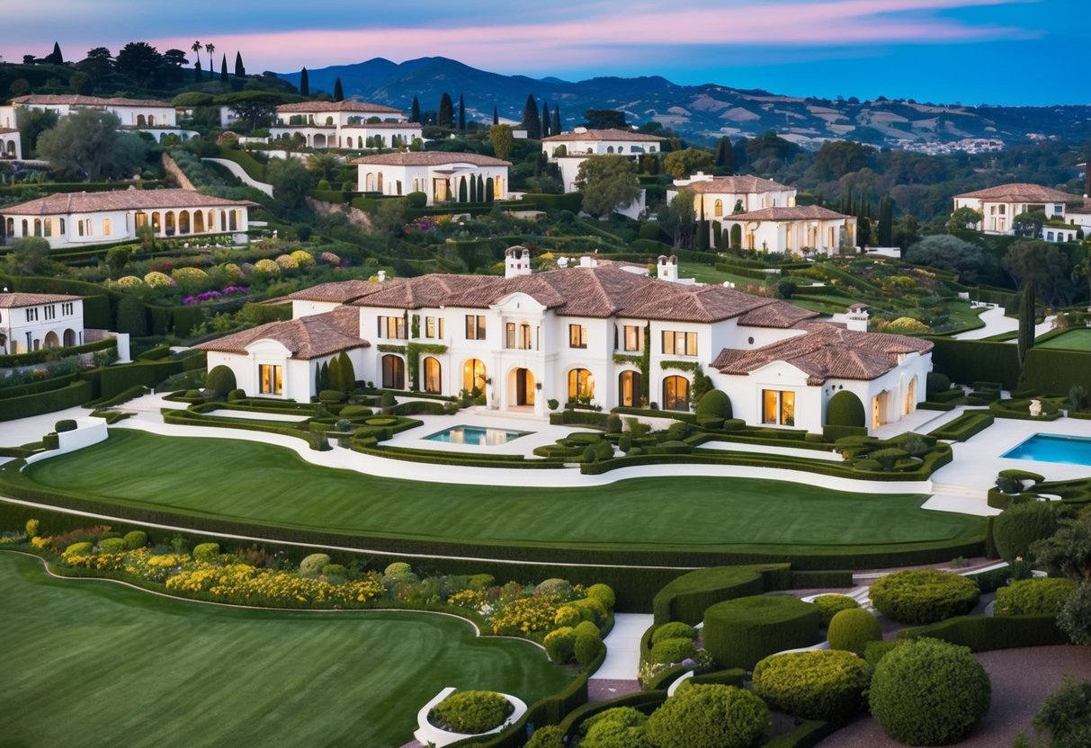 Lush, sprawling estates dot the rolling hills of California's wealthiest neighborhoods. Magnificent mansions and manicured gardens exude opulence and exclusivity