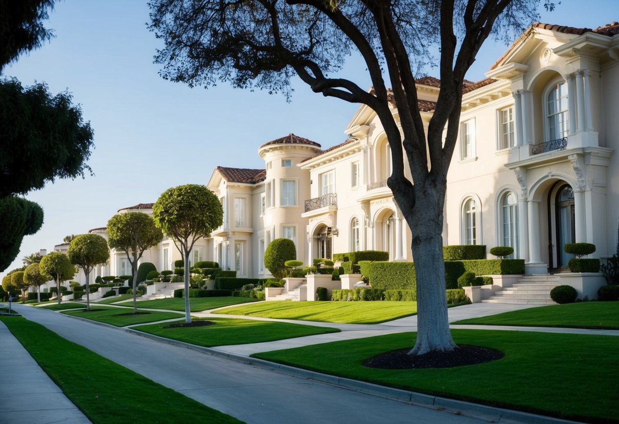 A row of opulent mansions with manicured lawns lining a wide, tree-lined street in the affluent neighborhood of Bel Air, Los Angeles