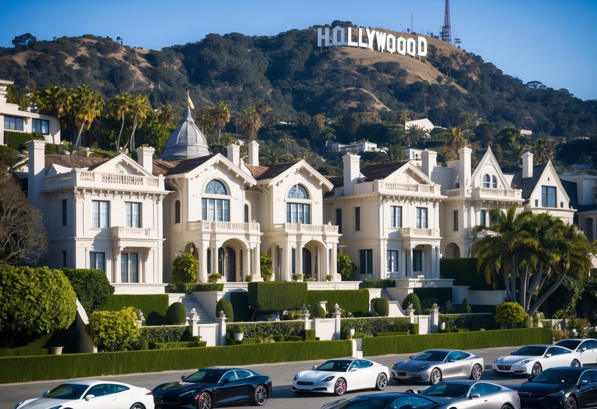 A row of opulent mansions in Beverly Hills, surrounded by lush greenery and luxury cars, with the iconic Hollywood sign in the distance