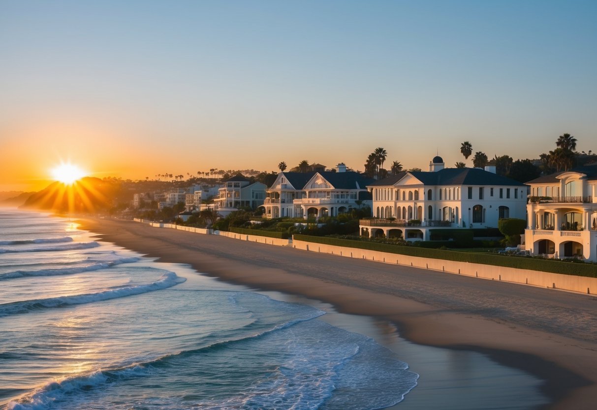 The sun sets over a row of opulent beachfront mansions in Malibu, Los Angeles, showcasing the wealth of one of California's richest neighborhoods