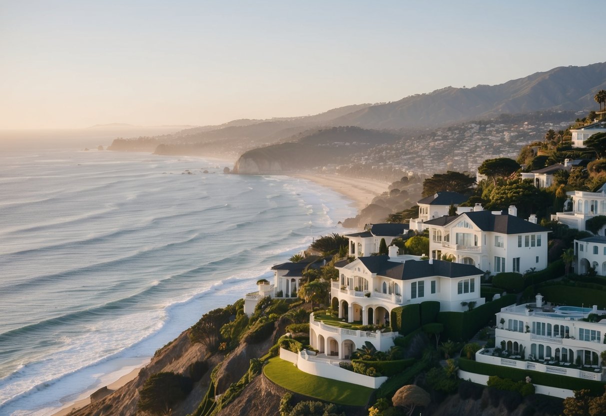 Expansive hillside mansions overlook the Pacific Ocean in Pacific Palisades, Los Angeles, showcasing opulence and luxury in one of California's wealthiest neighborhoods