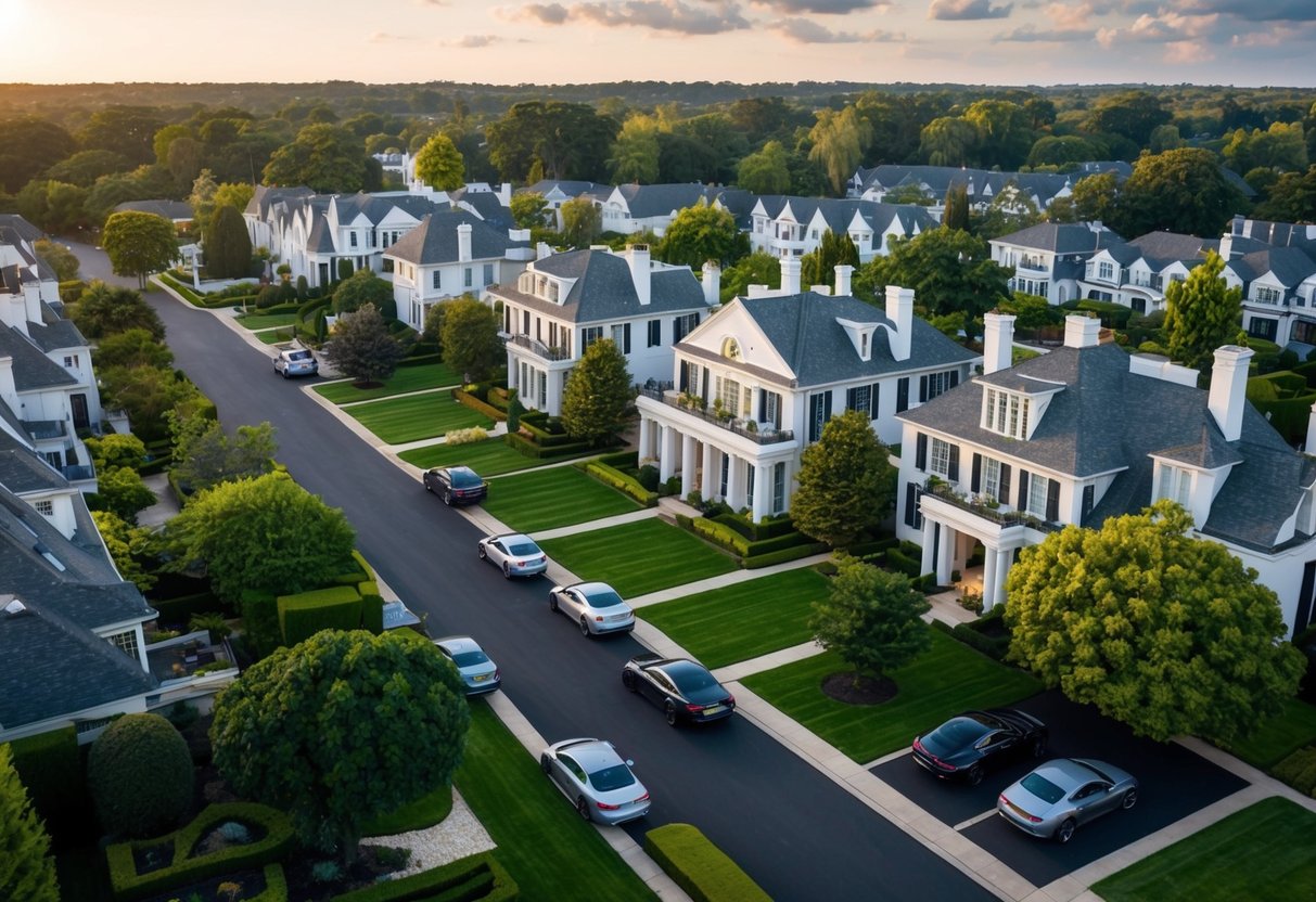 Expansive mansions line the tree-lined streets of Brentwood, with manicured lawns and luxury cars parked in the driveways. The neighborhood exudes wealth and opulence