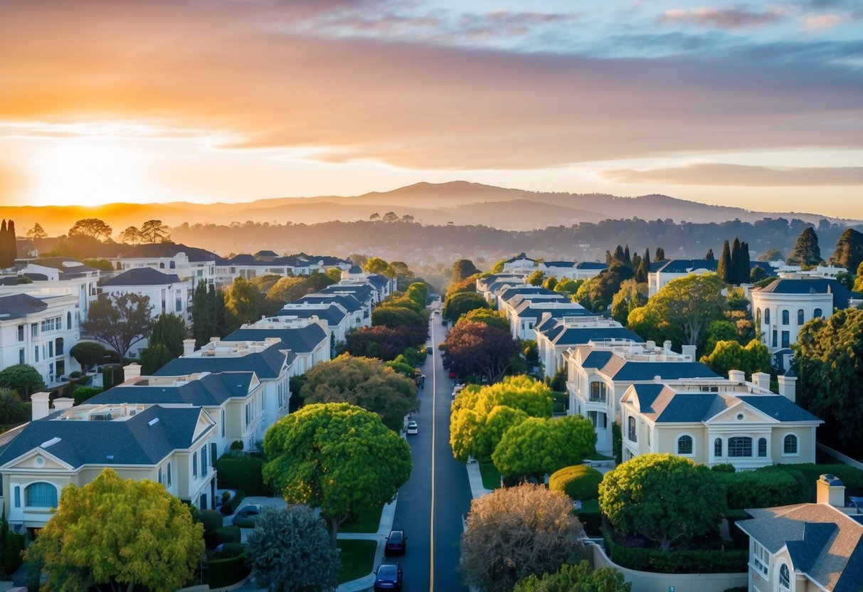 Luxurious mansions dot the tree-lined streets of Palo Alto, nestled in the heart of Silicon Valley. The sun sets behind the rolling hills, casting a warm glow over the opulent neighborhood