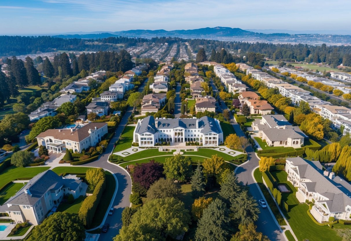 Aerial view of Atherton, Silicon Valley with sprawling mansions and lush greenery