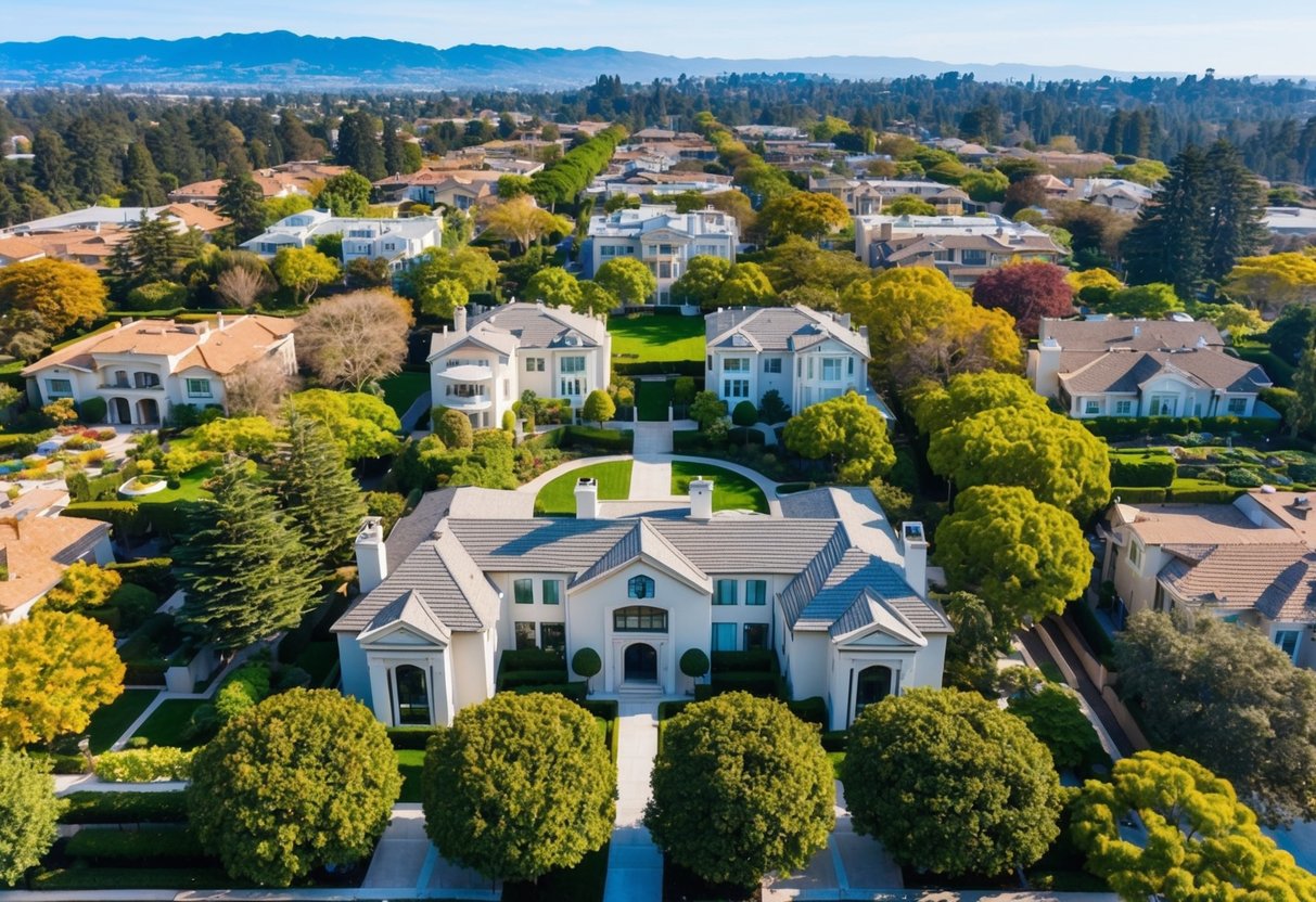 Aerial view of upscale homes and lush greenery in Menlo Park, Silicon Valley