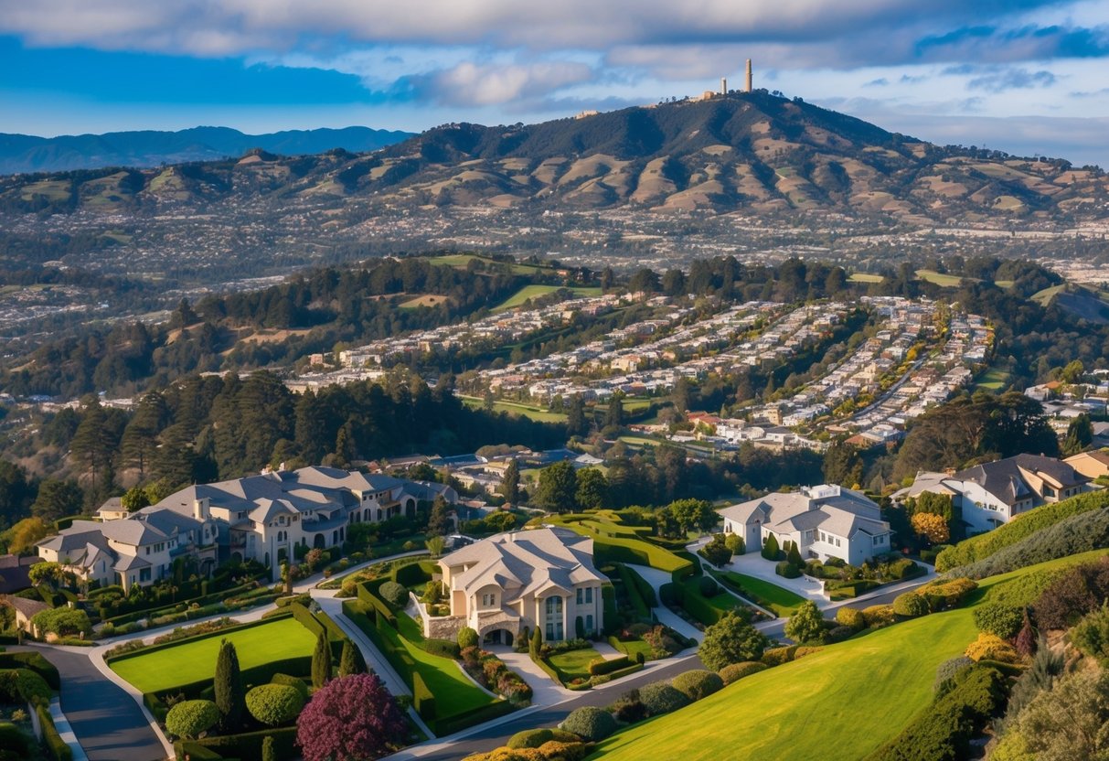 A sprawling, affluent neighborhood nestled in the lush hills of Silicon Valley, with luxurious homes and manicured landscapes