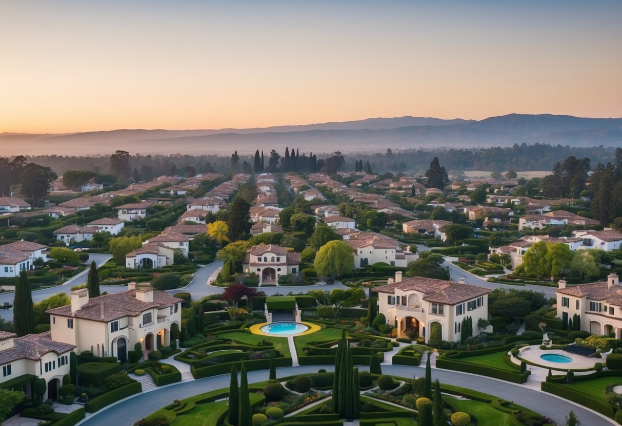 A sprawling neighborhood in Saratoga, Silicon Valley, with luxurious mansions and manicured gardens, showcasing the opulence of the 50 richest neighborhoods in California