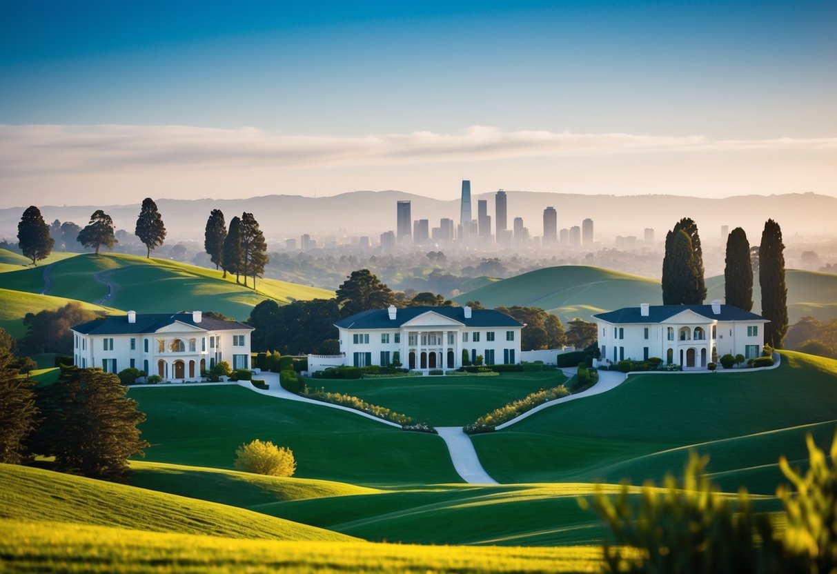 Expansive mansions on rolling hills, surrounded by lush greenery and towering trees, with a backdrop of the Silicon Valley skyline