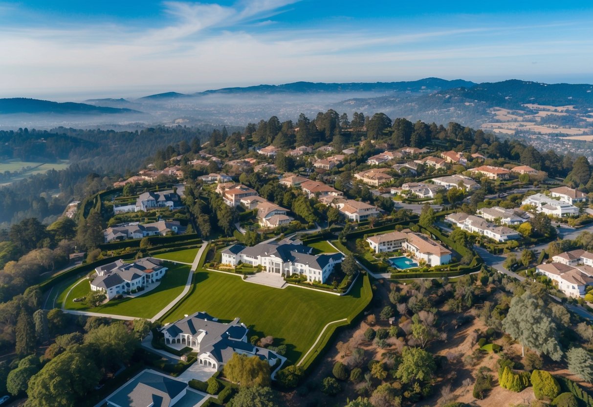 Aerial view of Woodside, Silicon Valley with sprawling mansions, lush greenery, and rolling hills