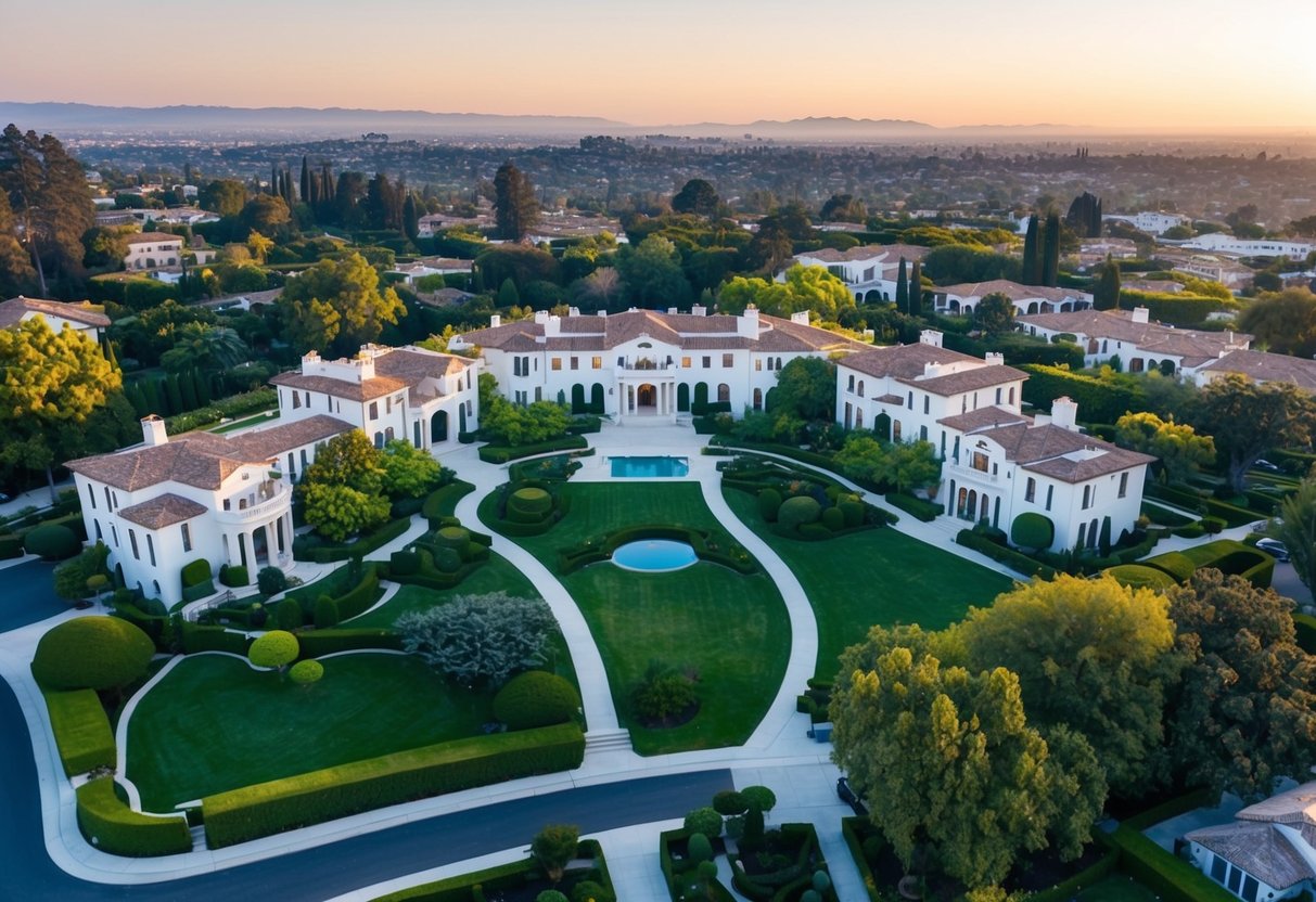 Aerial view of sprawling mansions and lush greenery in San Marino, Pasadena, showcasing the opulence of one of California's wealthiest neighborhoods