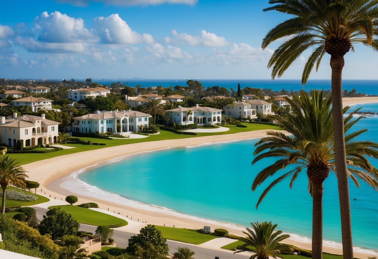 A luxurious coastal neighborhood with sprawling mansions, palm trees, and a pristine beach with turquoise waters and golden sands