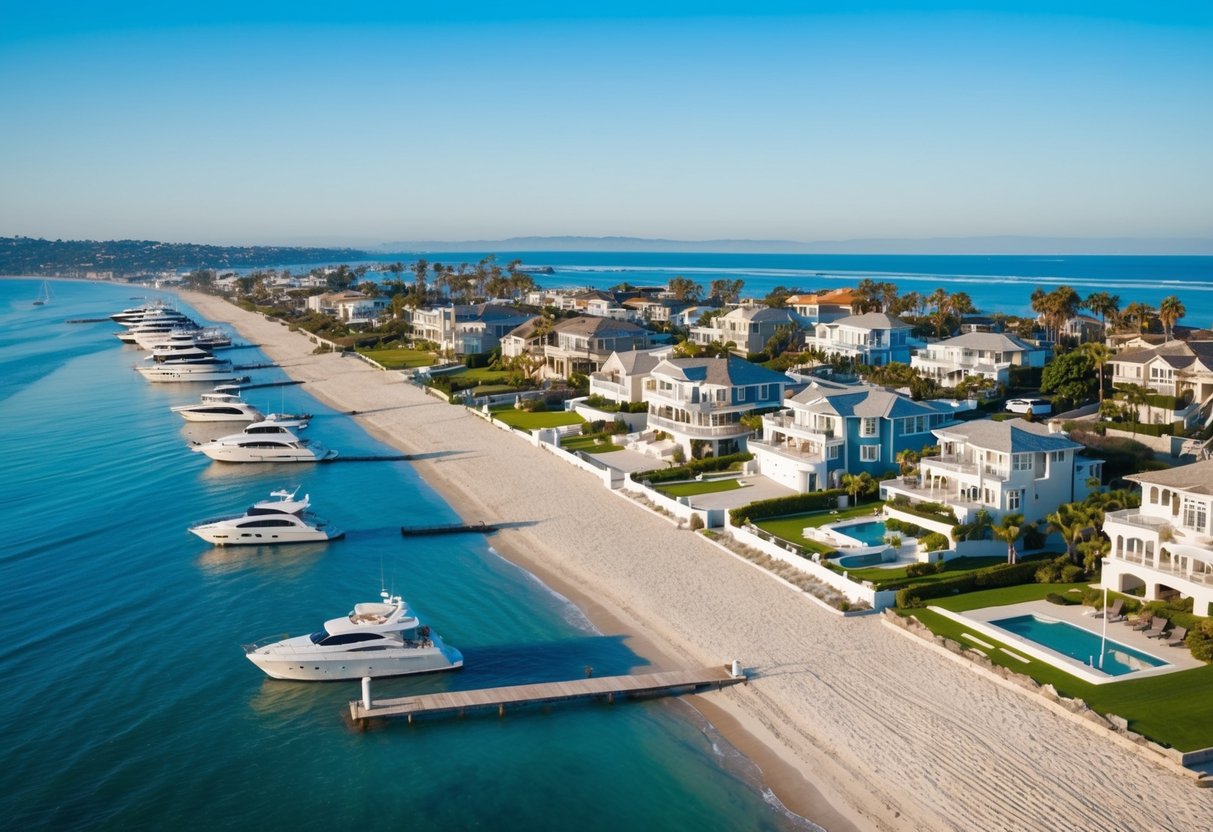 Luxury beachfront homes line the pristine shores of Newport Beach, with yachts and sailboats dotting the glistening waters of Orange County