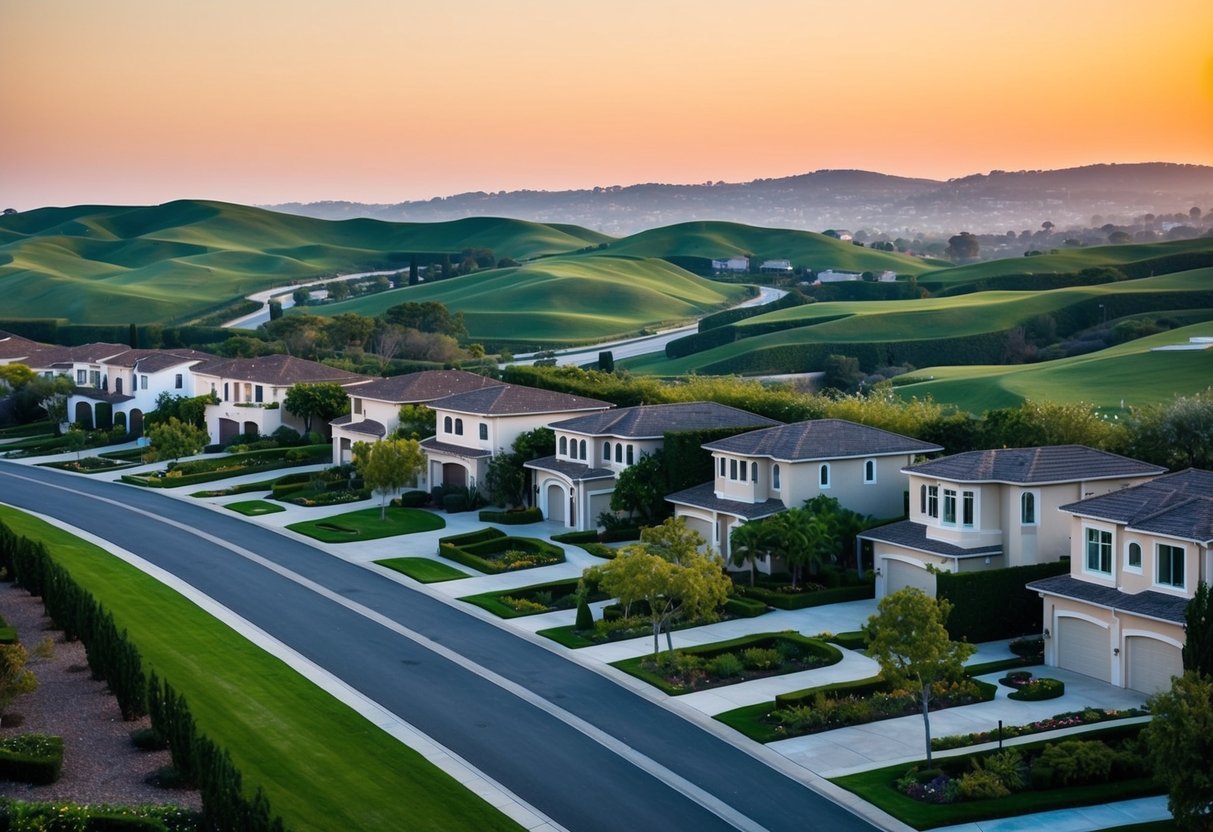 Luxury homes line the manicured streets of Coto de Caza, surrounded by rolling hills and lush greenery in Orange County