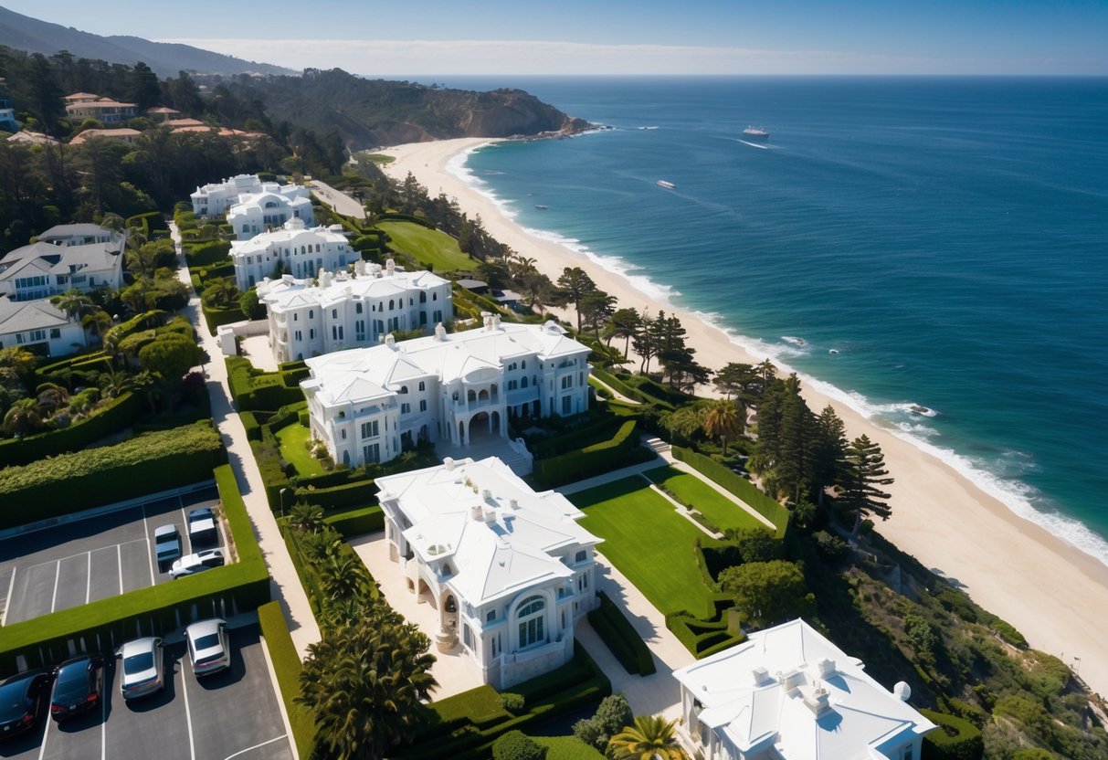 Aerial view of opulent mansions lining the coast of Crystal Cove, with lush greenery and luxury cars in the driveways