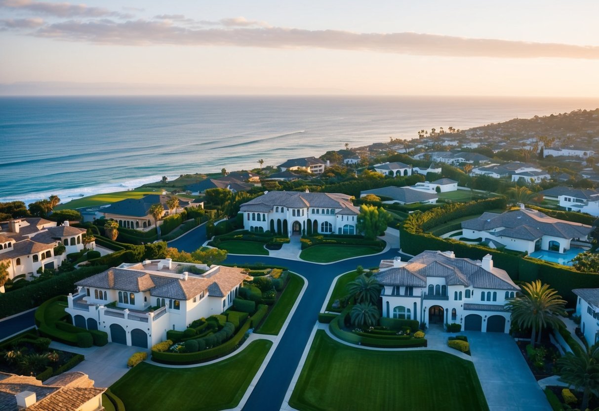 A luxurious neighborhood in Corona del Mar, Orange County, with sprawling mansions, manicured lawns, and stunning ocean views