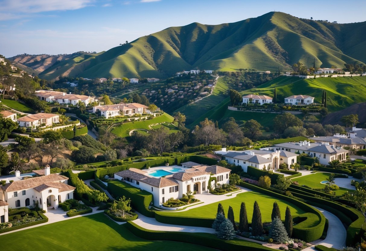 Lush green hills surround a pristine neighborhood nestled in Shady Canyon, Irvine. Expansive mansions dot the landscape, exuding luxury and opulence