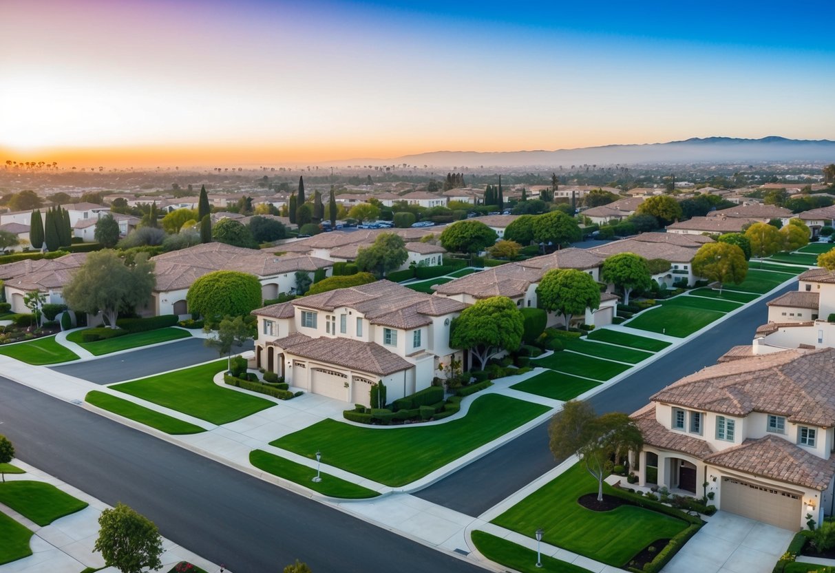 A sprawling, upscale neighborhood with manicured lawns, large, luxurious homes, and tree-lined streets in Tustin Ranch, California