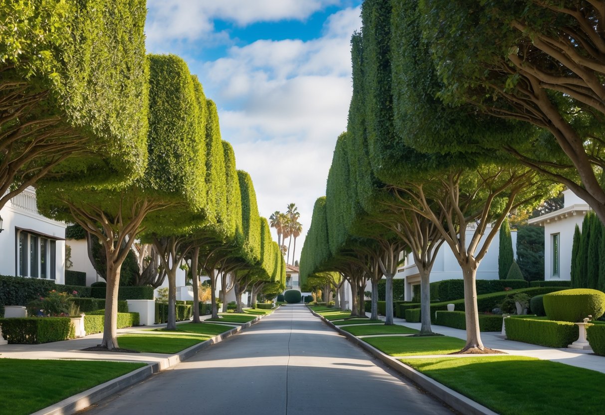 A tree-lined street in Beverly Grove, Los Angeles, with luxury homes and manicured lawns, exuding wealth and opulence