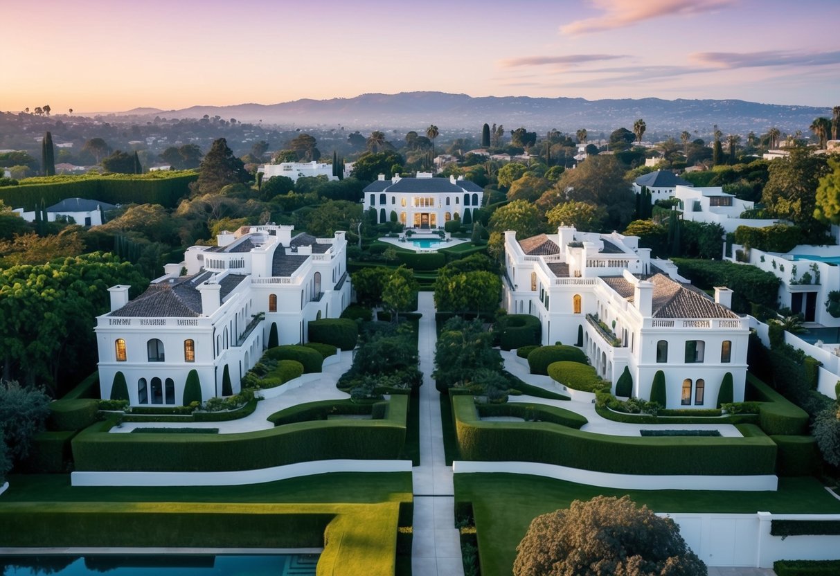 Luxurious mansions nestled among lush greenery in Westwood, Los Angeles, showcasing opulence and wealth